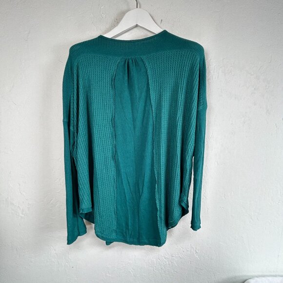 Free People Womens Teal Waffle Knit Leo Henley Top XS Long Sleeve Oversized - Picture 2 of 8